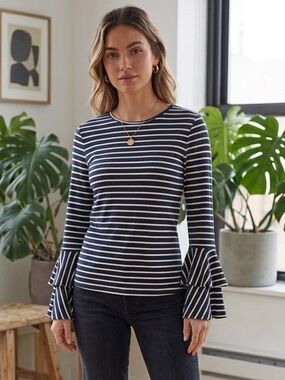 Andthewhy | NWT Navy and White Striped Top with Flair Cuffs | Sz S